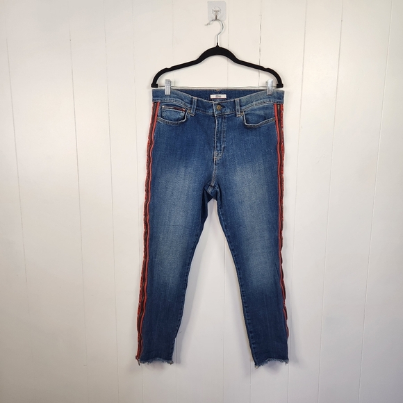 Vintage Y2K Tommy Hilfiger Zipper Jeans High Rise Stretchy Raw Hem Red Logo 34 - Picture 3 of 12